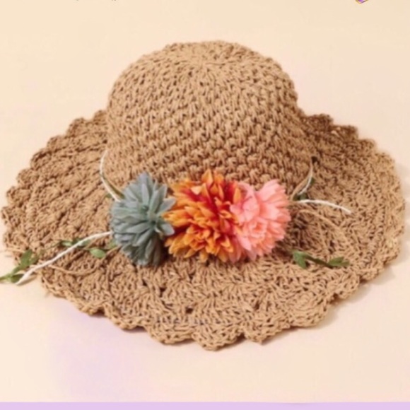 Camel Boho Floral Detail Straw Hat - Picture 2 of 13